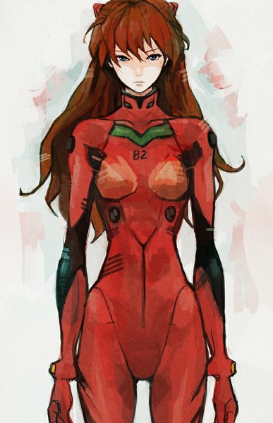 Anime picture 700x1085 with neon genesis evangelion rebuild of evangelion evangelion: 2.0 you can (not) advance evangelion: 3.0 you can (not) redo gainax soryu asuka langley tae (artist) single long hair tall image looking at viewer blue eyes simple background brown hair standing serious girl pilot suit