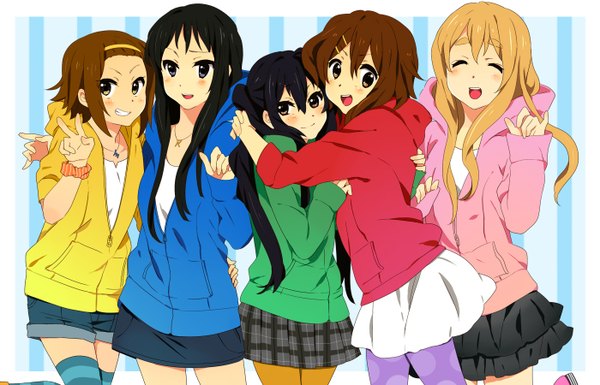 Anime picture 1400x900 with k-on! kyoto animation akiyama mio hirasawa yui nakano azusa kotobuki tsumugi tainaka ritsu black hair blonde hair brown hair multiple girls group girl 5 girls