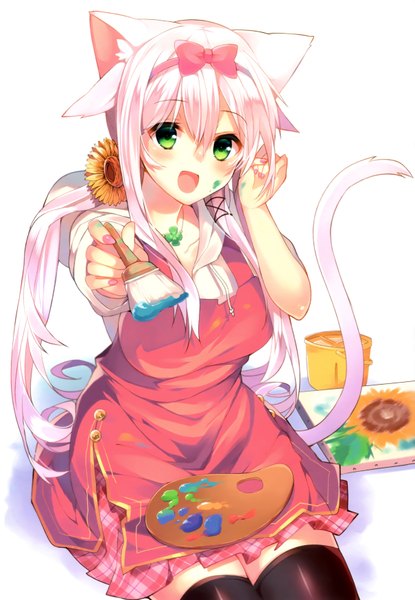Anime picture 2420x3500 with original anceril sacred mishima kurone single long hair tall image looking at viewer blush highres open mouth simple background white background sitting green eyes animal ears white hair tail animal tail cat ears scan