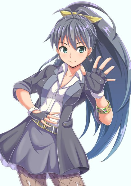 Anime picture 704x1000 with idolmaster ganaha hibiki dan (orange train) single long hair tall image looking at viewer black hair simple background smile white background green eyes ahoge ponytail open clothes open jacket waving girl skirt gloves