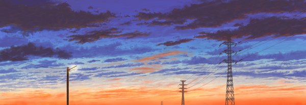 Anime picture 2000x687 with original mks wide image sky cloud (clouds) evening sunset no people landscape scenic lantern power lines lamppost