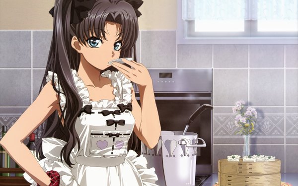 Anime picture 2560x1600 with fate (series) fate/stay night studio deen type-moon toosaka rin long hair highres blue eyes brown hair wide image twintails girl flower (flowers) ribbon (ribbons) food apron
