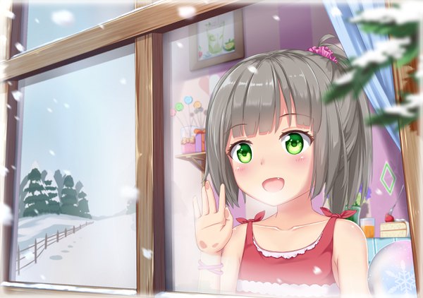 Anime picture 2480x1748 with original abwan single blush fringe highres short hair open mouth bare shoulders green eyes looking away upper body ponytail blunt bangs :d grey hair loli depth of field winter snow