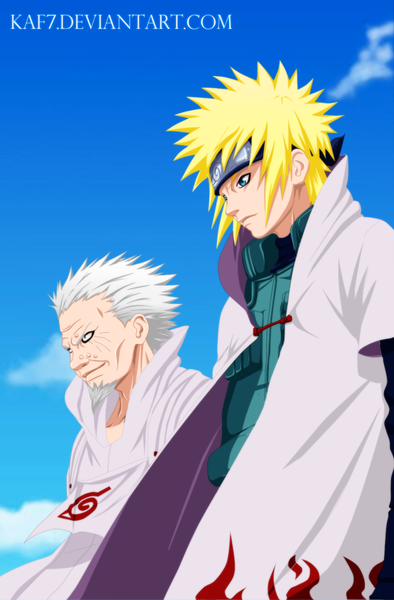 Anime picture 985x1499 with naruto studio pierrot naruto (series) namikaze minato sarutobi hiruzen aconst tall image short hair blue eyes blonde hair smile sky cloud (clouds) white hair coloring hokage boy cloak vest bandana