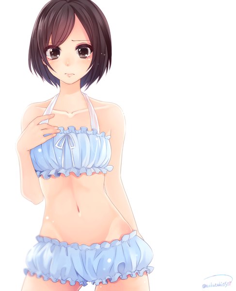 Anime picture 1000x1233 with original wakatsuki you single tall image blush fringe short hair light erotic simple background brown hair standing white background bare shoulders brown eyes signed bare belly bare legs groin girl navel