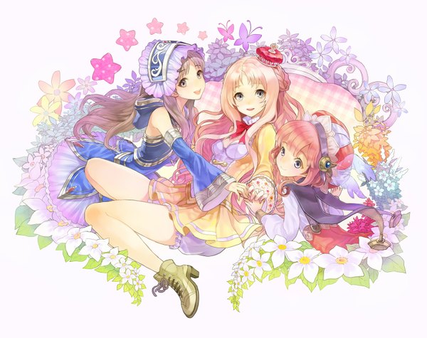Anime picture 1500x1188 with atelier (series) atelier rorona atelier totori atelier meruru gust (company) totooria helmold rororina fryxell merurulince rede arls cocorip (riprip) long hair looking at viewer blush open mouth simple background blonde hair smile brown hair white background multiple girls brown eyes