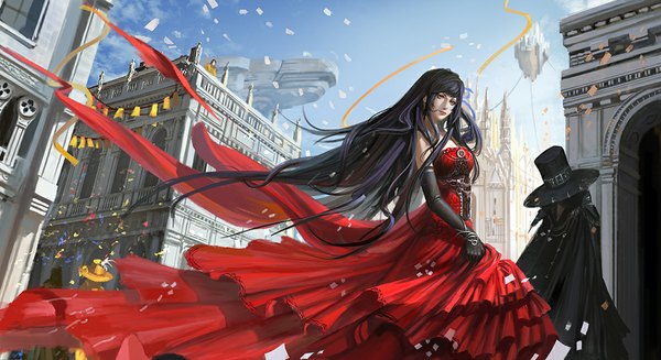 Anime picture 1000x545 with original narcolepsy-1900 long hair breasts wide image bare shoulders green eyes looking away sky purple hair lips dancing floating island girl dress gloves black gloves elbow gloves red dress castle