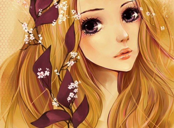 Anime picture 1100x810 with original bluesaga331 single long hair blonde hair purple eyes lips portrait face girl hair ornament branch