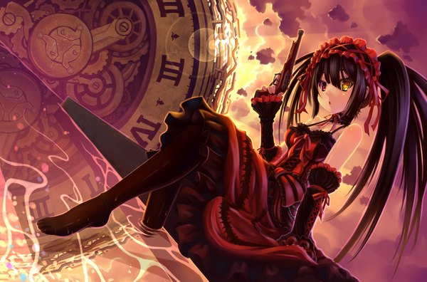 Anime picture 2000x1323 with date a live tokisaki kurumi youran (yui081128) single long hair looking at viewer blush highres open mouth black hair red eyes sitting twintails bare shoulders yellow eyes sky cloud (clouds) arm support no shoes heterochromia