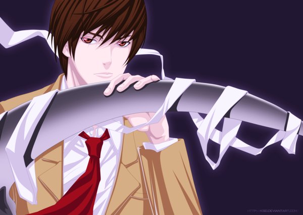 Anime picture 1400x994 with death note madhouse yagami light ksei single short hair simple background brown hair orange eyes coloring boy uniform ribbon (ribbons) weapon school uniform sword necktie