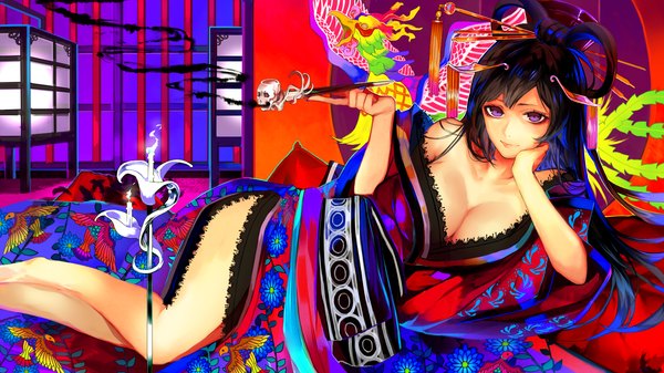 Anime picture 2000x1125 with original tcb (pixiv) single long hair looking at viewer highres breasts light erotic black hair wide image purple eyes traditional clothes japanese clothes smoking girl hair ornament kimono