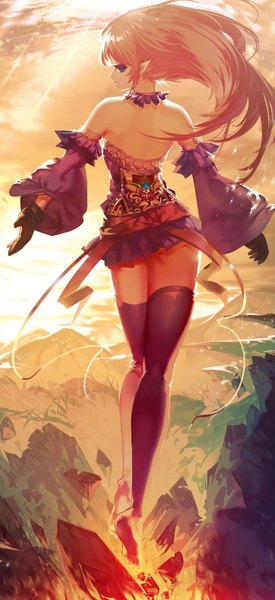 Anime picture 724x1580 with original ajahweea single long hair tall image fringe brown hair purple eyes bent knee (knees) profile looking back pointy ears from behind wide sleeves no shoes girl dress gloves detached sleeves black gloves