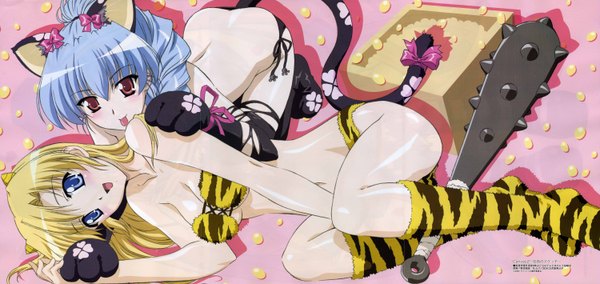 Anime picture 6000x2840 with canvas 2 megami magazine housen elis tagme (artist) highres light erotic wide image animal ears official art cat girl oni girl youkai tomoko