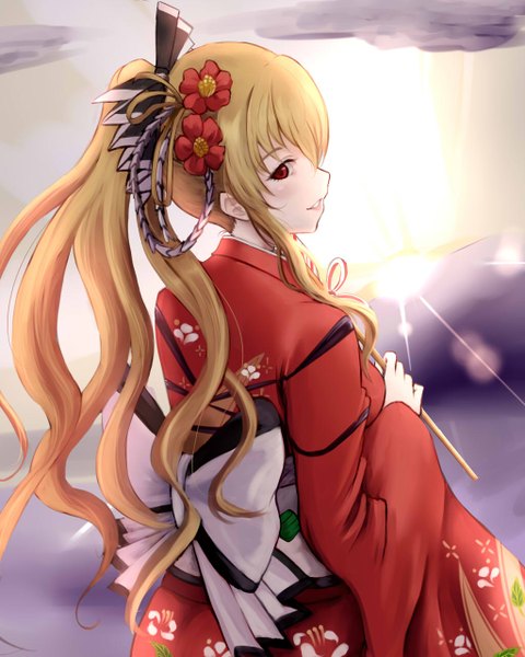 Anime picture 1024x1280 with granblue fantasy vira lilie tanshi (tansy520) single long hair tall image blush fringe blonde hair smile red eyes holding payot long sleeves traditional clothes parted lips japanese clothes profile hair flower sunlight