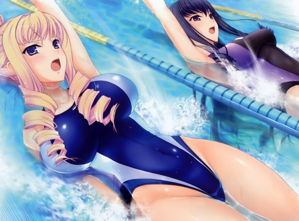 Anime picture 3124x2315 with walkure romanze bertille althusser komori kei long hair blush fringe highres breasts open mouth blue eyes light erotic blonde hair large breasts purple eyes multiple girls absurdres purple hair armpit (armpits) on back drill hair