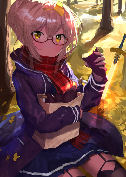 Anime picture 777x1087 with fate (series) fate/grand order artoria pendragon (all) mysterious heroine x (alter) (fate) mysterious heroine x alter (first ascension) (fate) akamizuki (akmzk) single tall image looking at viewer fringe short hair blonde hair hair between eyes sitting yellow eyes autumn girl thighhighs uniform black thighhighs
