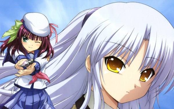 Anime picture 1920x1200 with angel beats! key (studio) tachibana kanade nakamura yuri hirata katsuzou long hair looking at viewer fringe highres smile wide image multiple girls holding green eyes yellow eyes payot sky silver hair purple hair blunt bangs