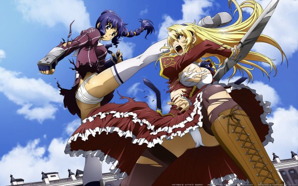 Anime picture 2560x1600 with freezing satellizer el bridget lana rinchen akiranyo matsumoto fumio long hair highres open mouth blue eyes light erotic blonde hair wide image multiple girls signed blue hair sky cloud (clouds) pantyshot wallpaper torn clothes