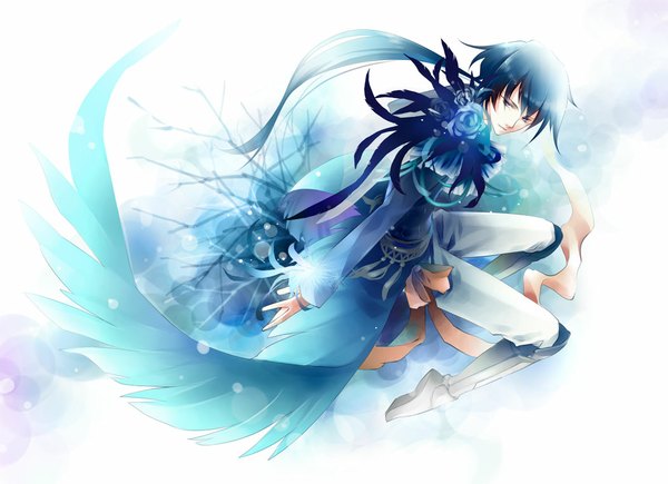Anime picture 1053x765 with tachibana yukiji single long hair blue eyes blue hair boy flower (flowers) wings boots rose (roses)