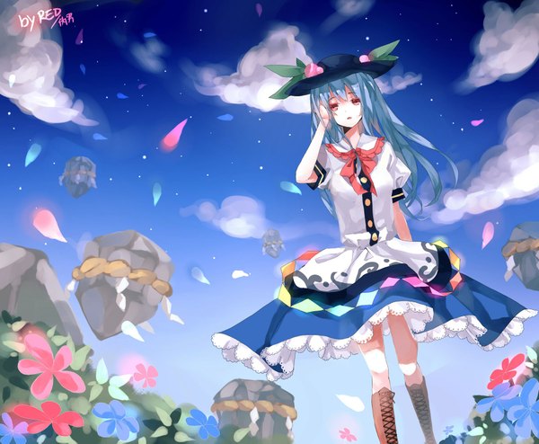 Anime picture 1800x1483 with touhou hinanawi tenshi red (artist) single long hair fringe highres red eyes signed sky cloud (clouds) aqua hair girl dress flower (flowers) hat petals boots thigh boots stone (stones)