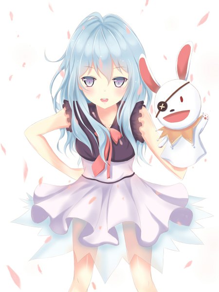 Anime picture 959x1280 with date a live yoshino (date a live) yoshinon seedkeng single long hair tall image looking at viewer blush open mouth simple background white background purple eyes blue hair girl dress petals toy stuffed animal hand puppet