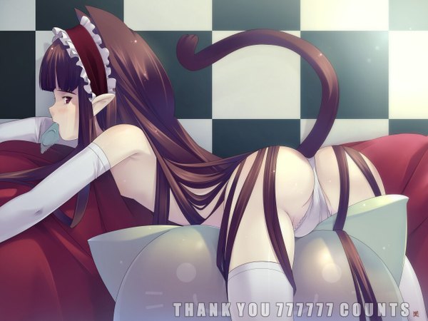 Anime picture 1280x960 with fujishiro touma light erotic animal ears tail lying cat ears flat chest masturbation bent over top-down bottom-up gothic condom in mouth crotch rub thighhighs gloves condom