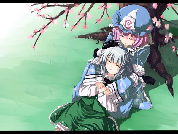 Anime picture 1600x1200 with touhou konpaku youmu saigyouji yuyuko highres sleeping girl