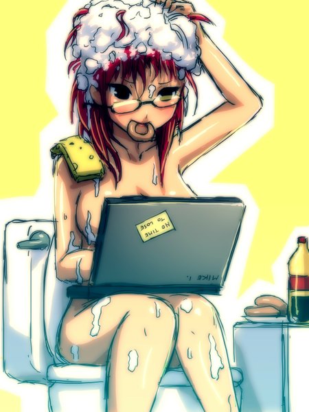 Anime picture 1200x1600 with original mike inel single tall image light erotic sitting pink hair girl glasses food bottle laptop notebook suds toilet flush