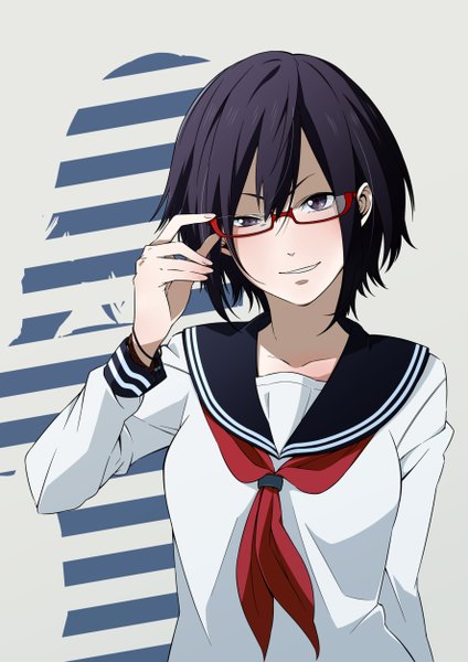 Anime picture 3541x5016 with original rino1104 single tall image looking at viewer highres short hair black hair smile absurdres black eyes girl uniform glasses serafuku