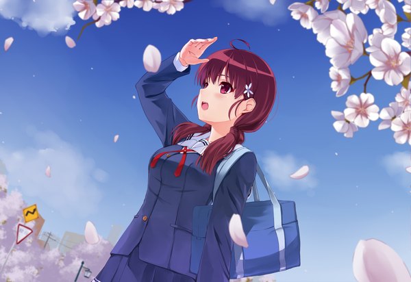 Anime picture 1920x1321 with saenai heroine no sodatekata a-1 pictures mizuki ame single long hair blush highres open mouth purple eyes purple hair profile girl uniform flower (flowers) school uniform petals school bag