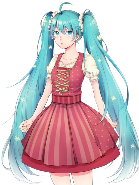 Anime picture 751x1000 with vocaloid hatsune miku amm0916 single tall image looking at viewer white background twintails ahoge very long hair hair flower aqua eyes aqua hair girl dress hair ornament flower (flowers)