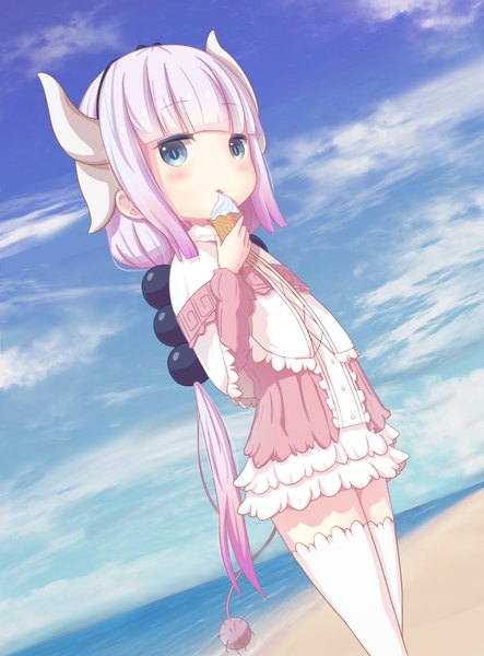 Anime picture 640x866 with kobayashi-san chi no maidragon kyoto animation kanna kamui huri2517 single long hair tall image fringe standing twintails holding payot looking away pink hair sky cloud (clouds) outdoors blunt bangs horn (horns) zettai ryouiki