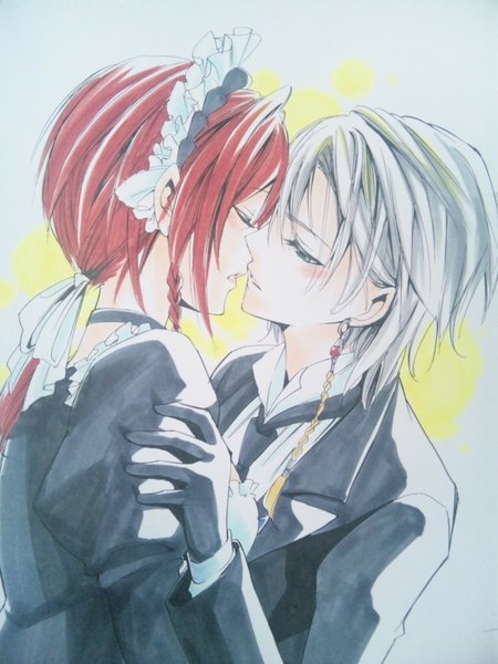 Anime picture 1536x2048 with seikon no qwaser oribe mafuyu aleksander nikolaevich hell long hair tall image blush short hair simple background green eyes red hair braid (braids) eyes closed profile grey hair from behind maid couple hug face to face almost kiss
