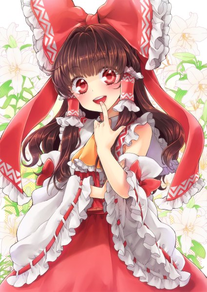 Anime picture 877x1239 with touhou hakurei reimu namisaki yuka single long hair tall image looking at viewer blush fringe open mouth red eyes brown hair traditional clothes finger to mouth miko girl bow hair bow detached sleeves