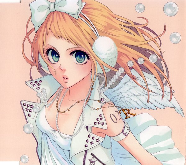 Anime picture 3192x2840 with vocaloid kagamine rin single long hair looking at viewer blush fringe highres open mouth blue eyes blonde hair absurdres tattoo girl bow hair bow belt hairband jewelry beads