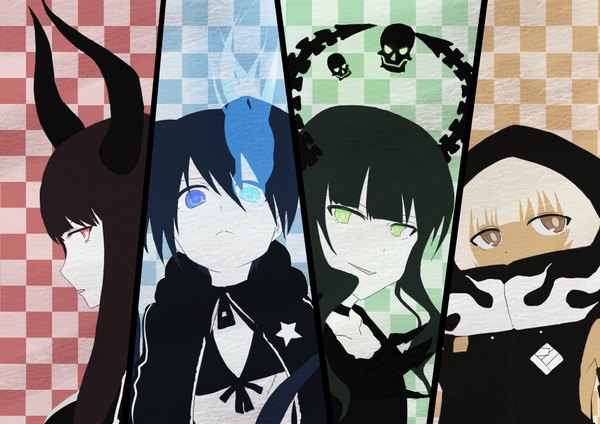 Anime picture 3507x2480 with black rock shooter black rock shooter (character) dead master strength (black rock shooter) black gold saw junes (artist) highres multiple girls glowing glowing eye (eyes) checkered checkered background :< girl star (symbol) 4 girls skull