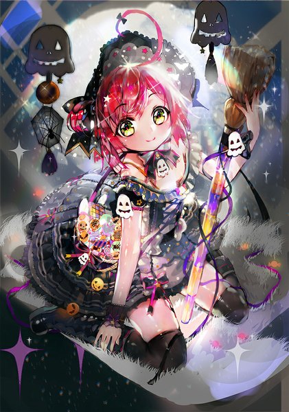 Anime picture 702x1000 with original crab d single tall image looking at viewer blush short hair yellow eyes red hair halloween lolita fashion girl thighhighs dress black thighhighs boots bonnet