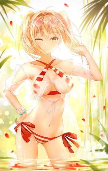 Anime picture 2532x4000 with fate (series) fate/grand order nero claudius (fate) (all) nero claudius (swimsuit caster) (fate) junpaku karen single long hair tall image looking at viewer fringe highres breasts light erotic blonde hair large breasts standing twintails yellow eyes one eye closed light smile