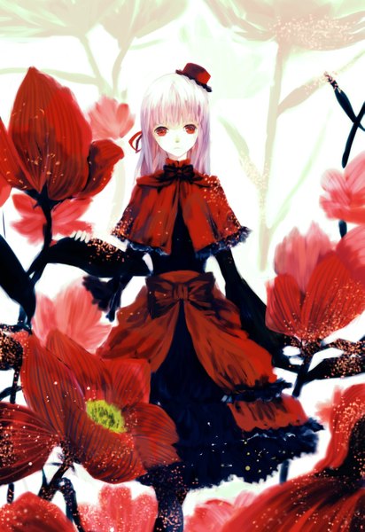 Anime picture 2031x2952 with k-project gohands (studio) kushina anna bwatermark single tall image looking at viewer highres red eyes standing silver hair goth-loli sad alternate age gothic girl dress flower (flowers) hat