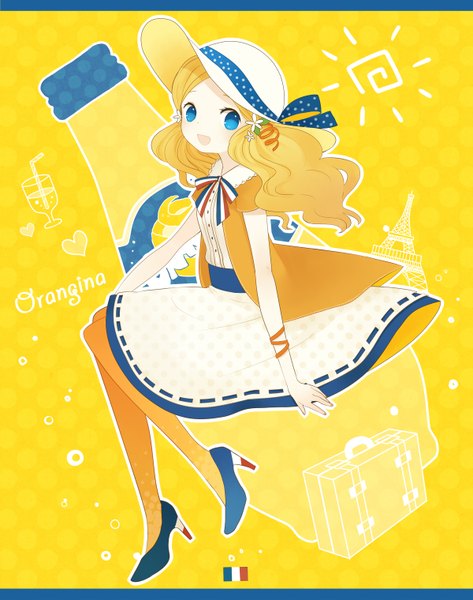 Anime picture 1200x1520 with original orangina ayu (mog) single long hair tall image open mouth blue eyes blonde hair sitting looking away character names yellow background france girl dress hat pantyhose bottle tower