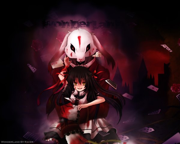 Anime picture 1280x1024 with pandora hearts xebec alice (pandora hearts) long hair black hair smile red eyes yellow eyes girl dress ribbon (ribbons) rose (roses) blood bunny card (cards) thorns