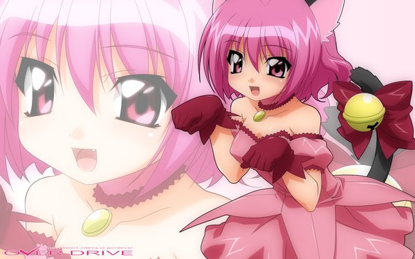Anime picture 1920x1200 with tokyo mew mew studio pierrot momomiya ichigo wave ride highres short hair open mouth wide image bare shoulders animal ears pink hair tail cat ears teeth cat girl fang (fangs) girl dress bell collar