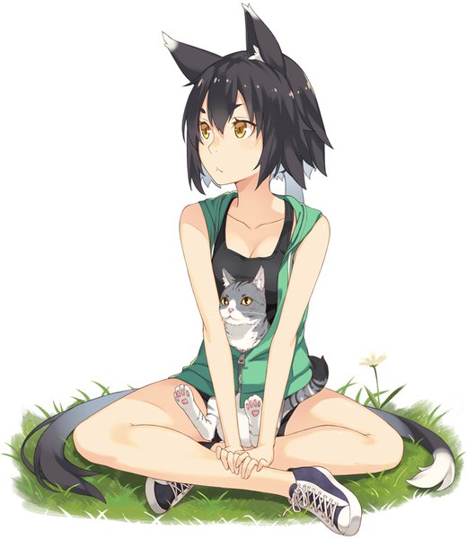 Anime picture 758x875 with original kimura (ykimu) tall image fringe short hair black hair simple background hair between eyes white background sitting animal ears looking away full body tail animal tail cat ears cat girl cat tail slit pupils lacing