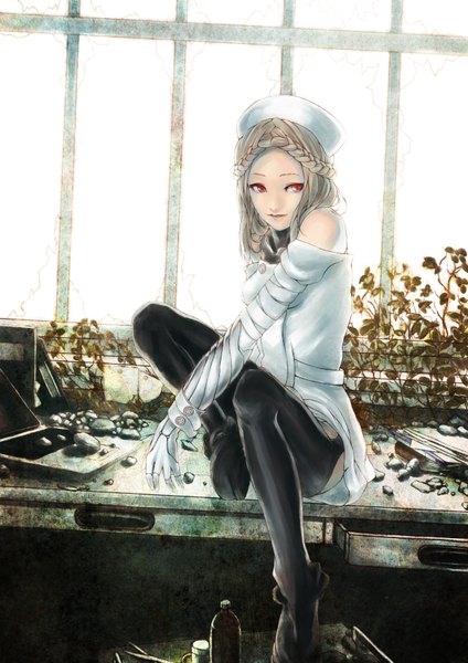 Anime picture 2480x3508 with original hyp single tall image looking at viewer highres short hair blonde hair red eyes sitting bare shoulders girl gloves elbow gloves leaf (leaves) table