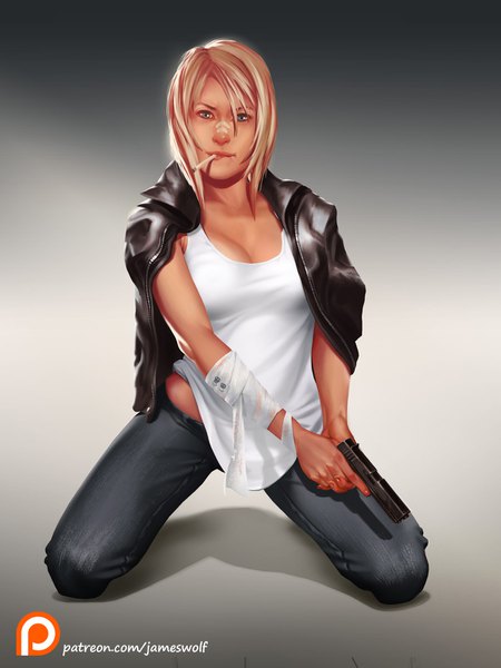 Anime picture 1200x1600 with parasite eve (game) aya brea jameswolf single tall image fringe short hair blue eyes simple background blonde hair hair between eyes holding signed full body fingernails lips grey background kneeling gradient background mouth hold