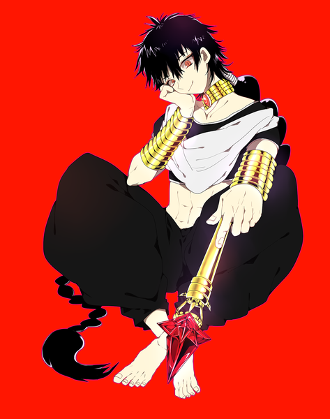 Anime picture 1500x1900 with magi the labyrinth of magic a-1 pictures judal koko (kotobutyann) single tall image black hair simple background smile red eyes braid (braids) very long hair single braid looking down red background boy bracelet jewelry wand arabian clothes
