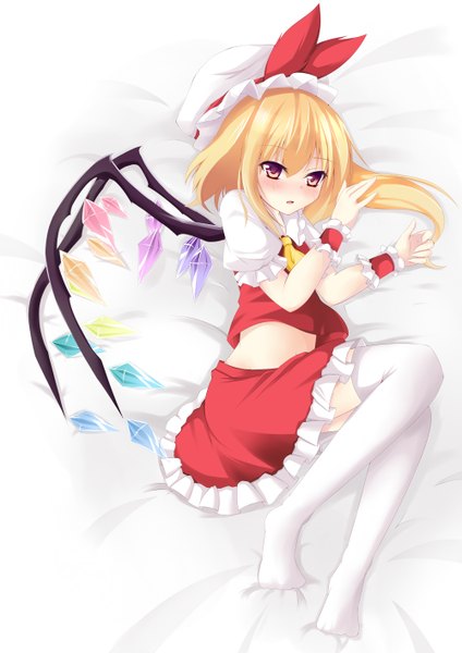 Anime picture 1000x1414 with touhou flandre scarlet kazami chiu single tall image blush short hair blonde hair red eyes girl thighhighs dress skirt white thighhighs wings frills bonnet skirt set crystal