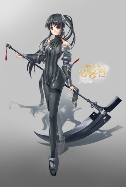 Anime picture 1750x2600 with mabinogi heroes (game) muto (uadocjon 21) single long hair tall image looking at viewer highres black hair bare shoulders brown eyes ponytail shadow girl dress weapon detached sleeves pantyhose scythe