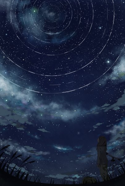 Anime picture 1000x1481 with original v-any long hair tall image sky cloud (clouds) night from below night sky looking up ripples girl plant (plants) star (stars) grass telescope