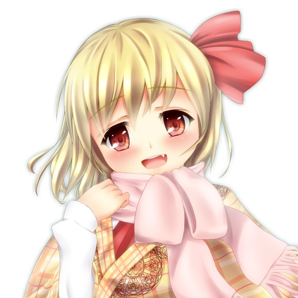 Anime picture 1200x1200 with touhou rumia toumin (artist) single looking at viewer blush short hair open mouth simple background blonde hair red eyes white background upper body teeth fang (fangs) girl scarf